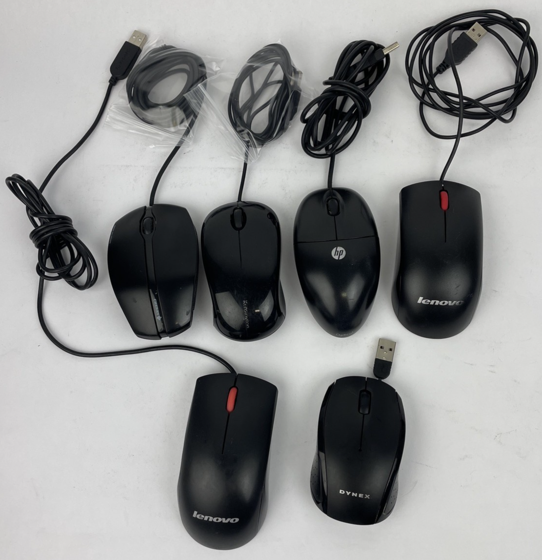 6 x Assorted Corded Mouse Lot - CHERRY GENTIX, 2 x Lenovo, Dynex, HP, Kensington