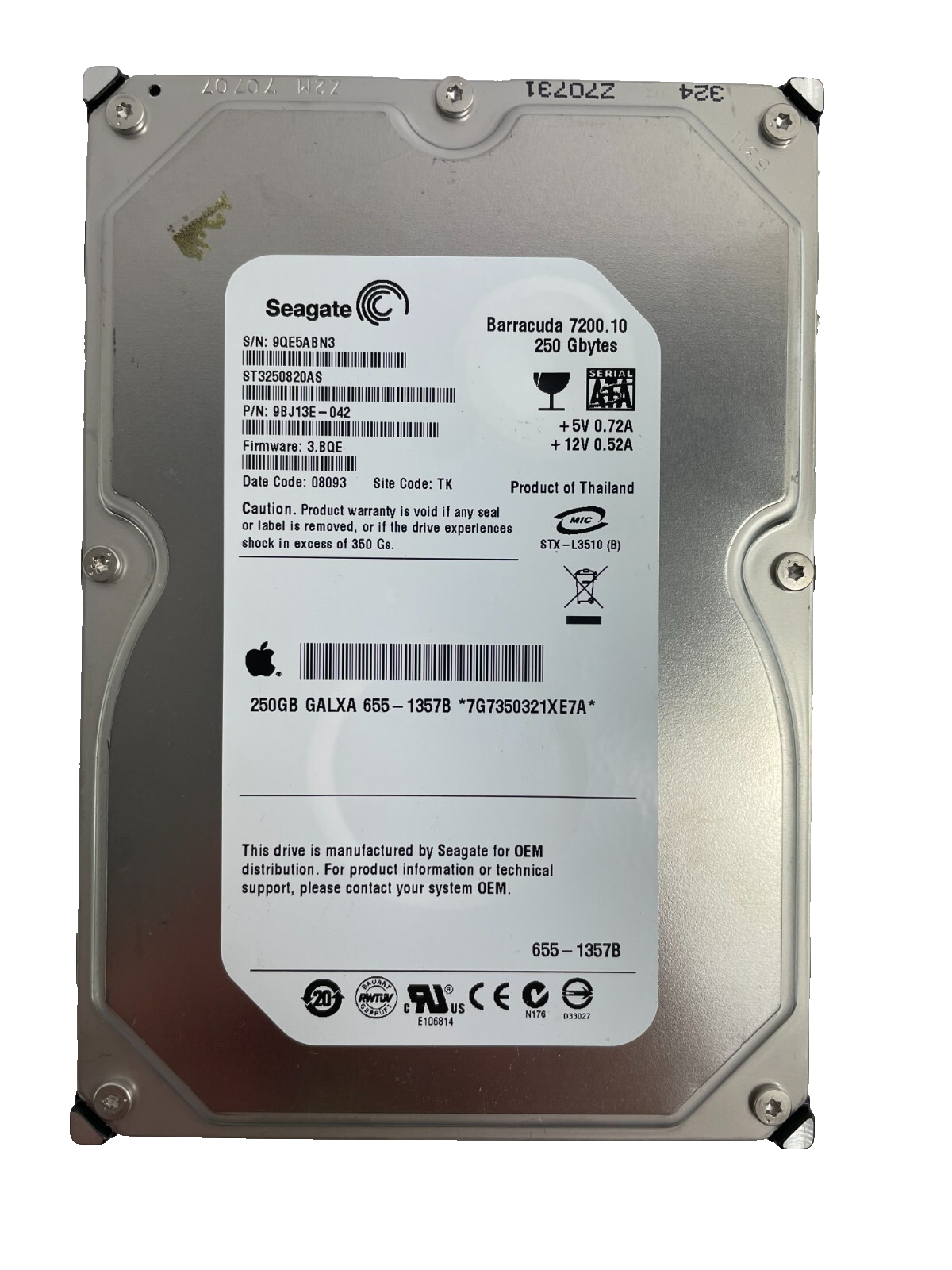 Seagate Model ST3250820AS Barracuda 7200. 10 250GB Internal Hard Drive Cache 8MB