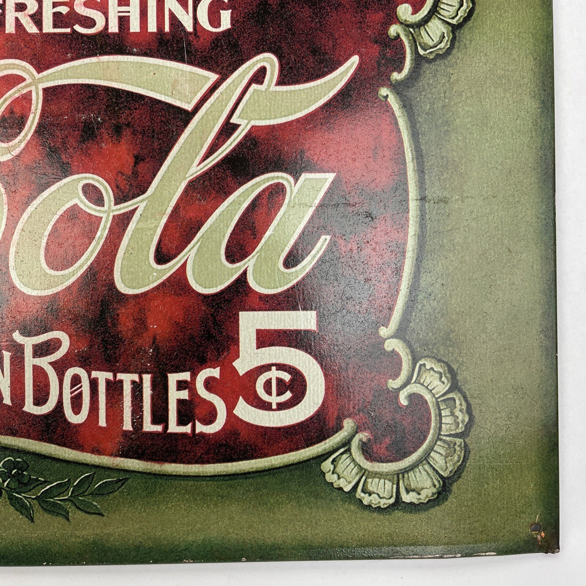 1999 Coca-Cola Metal Sign 16" x 8.75" Delicious Refreshing 5¢ Fountains Bottles