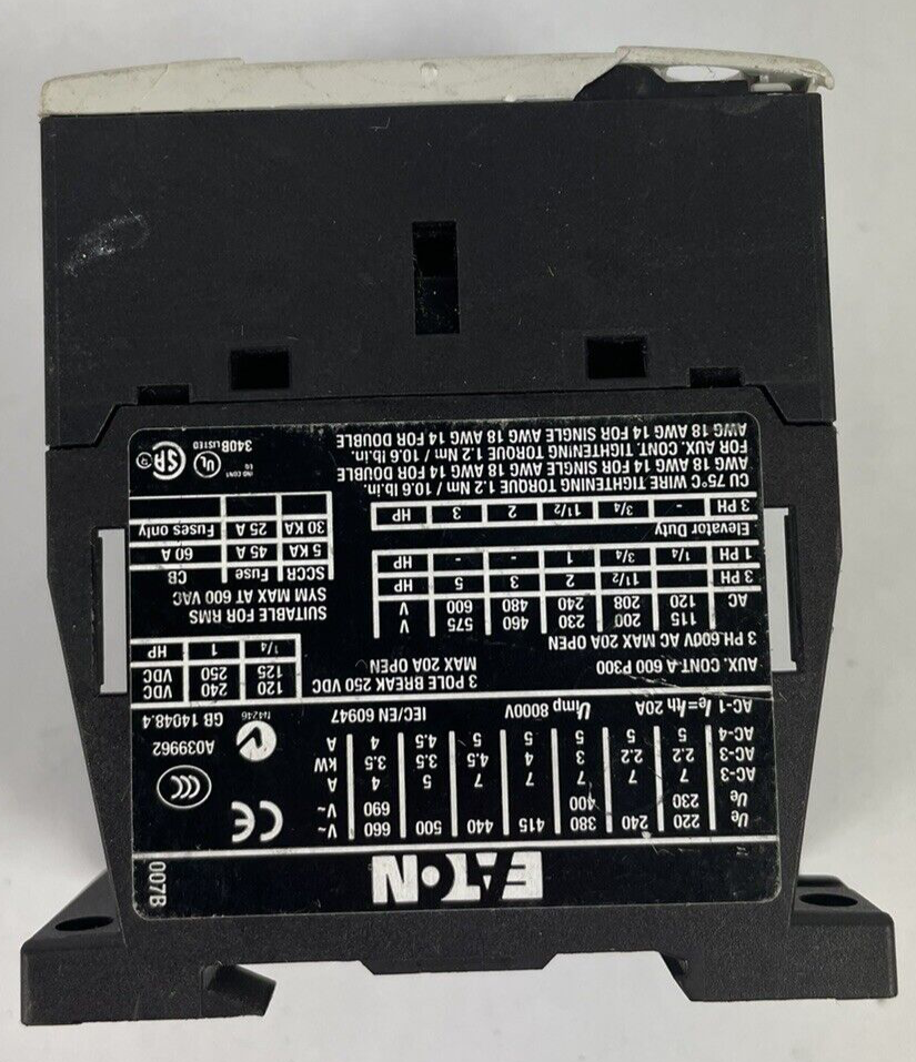 Eaton DIL M7-10 24V 3PH 600VAC 20A Contactor 3 Pole XTCE007B10 M007B DIN Rail