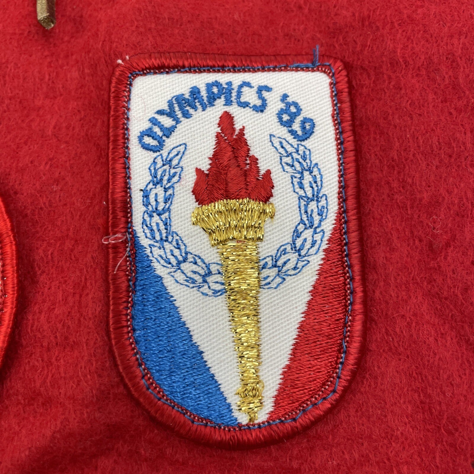 Vintage 1980's Red Felt Boy Scout Vest With 7 Patches 89 Olympics Pinewood Derby