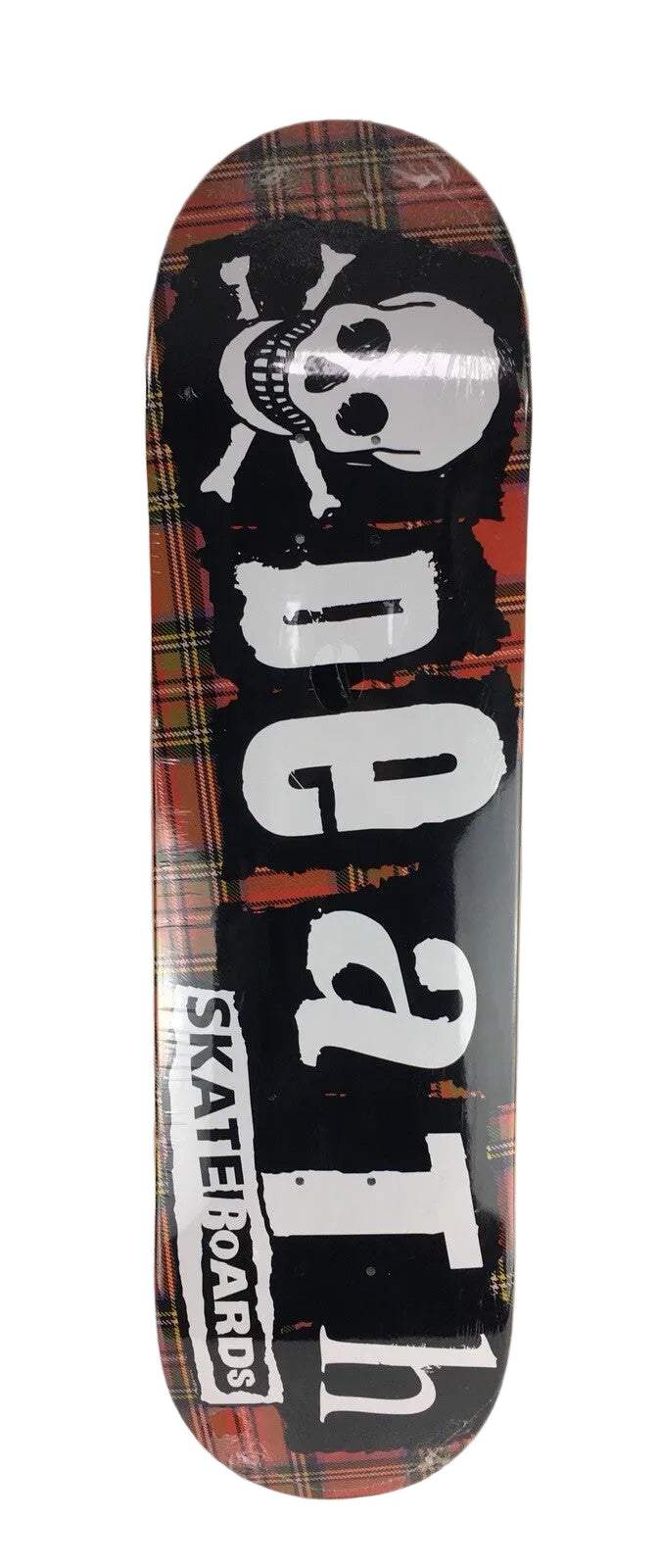 Death Skateboards Tartan Punk 8-inch skateboard deck with grip tape and free shipping.