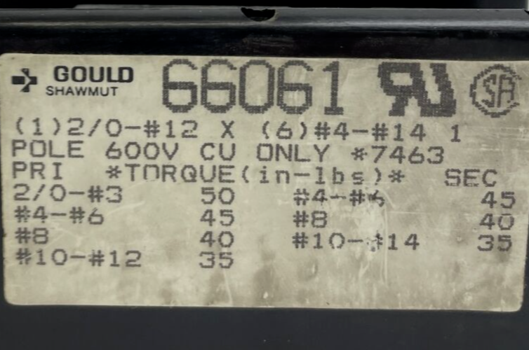 NOS Gould Shawmut Power Distribution Block Model 66061 - Pole 600V CU ONLY