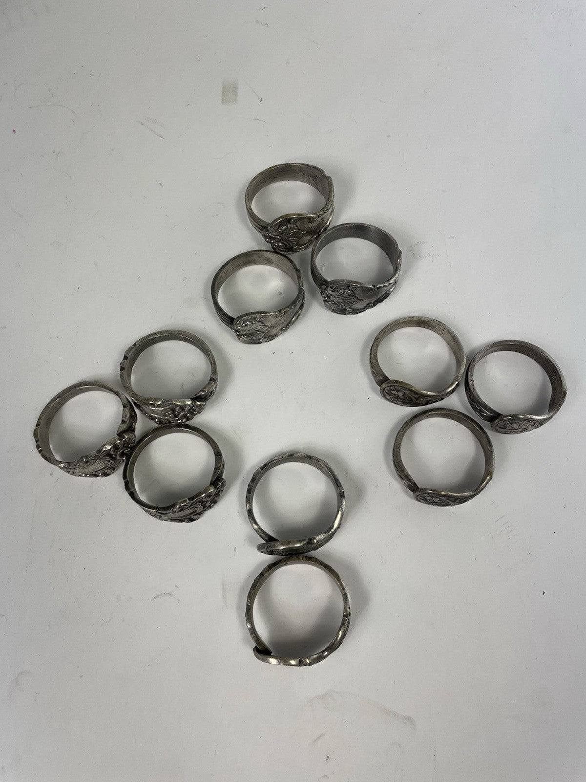 Vintage Ornate Bent Spoon Handle Napkin Rings Sterling Silver Handmade Set of 8