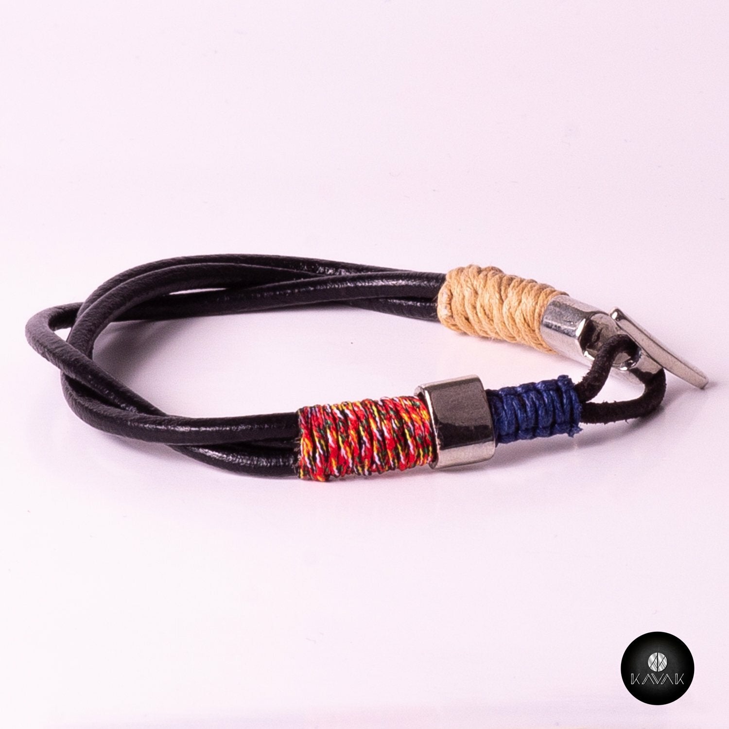 Kavak handmade braided blue white leather cords adjustable men's bracelet