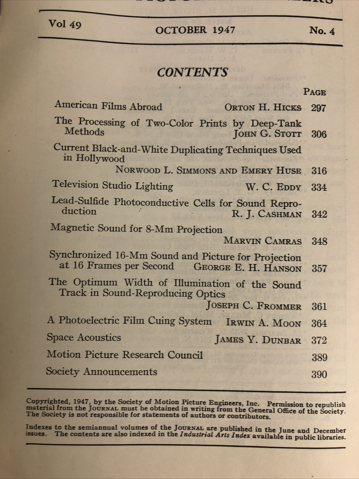 SMPE Journal Of The Society Of Motion Picture Engineers October 1947 VOL 49 No 4