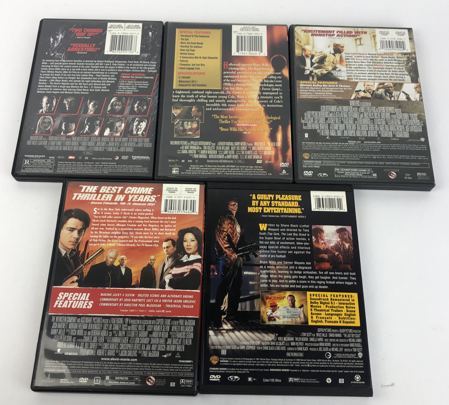Bruce Willis DVD Movie Lot OF 5 -LUCKY#SLEVIN Sin City 16 Blocks The Sixth Sense
