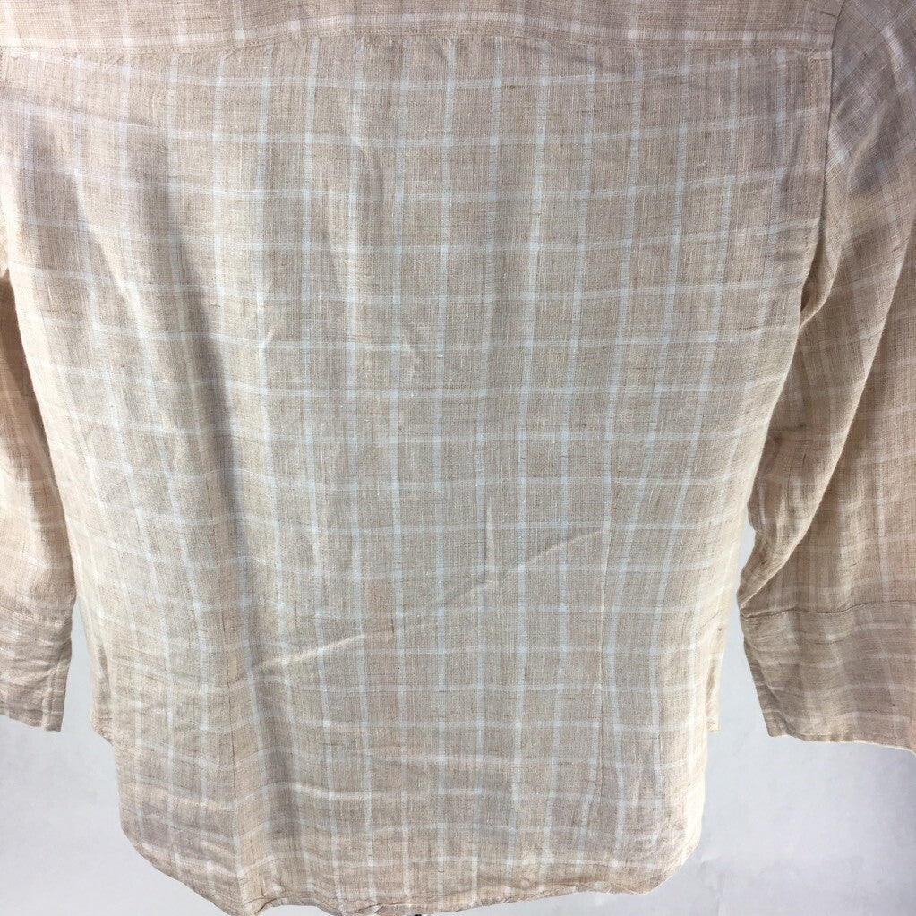 Faconnable Mens Button Front Shirt Beige Checks Round Hem Long Sleeves Linen S