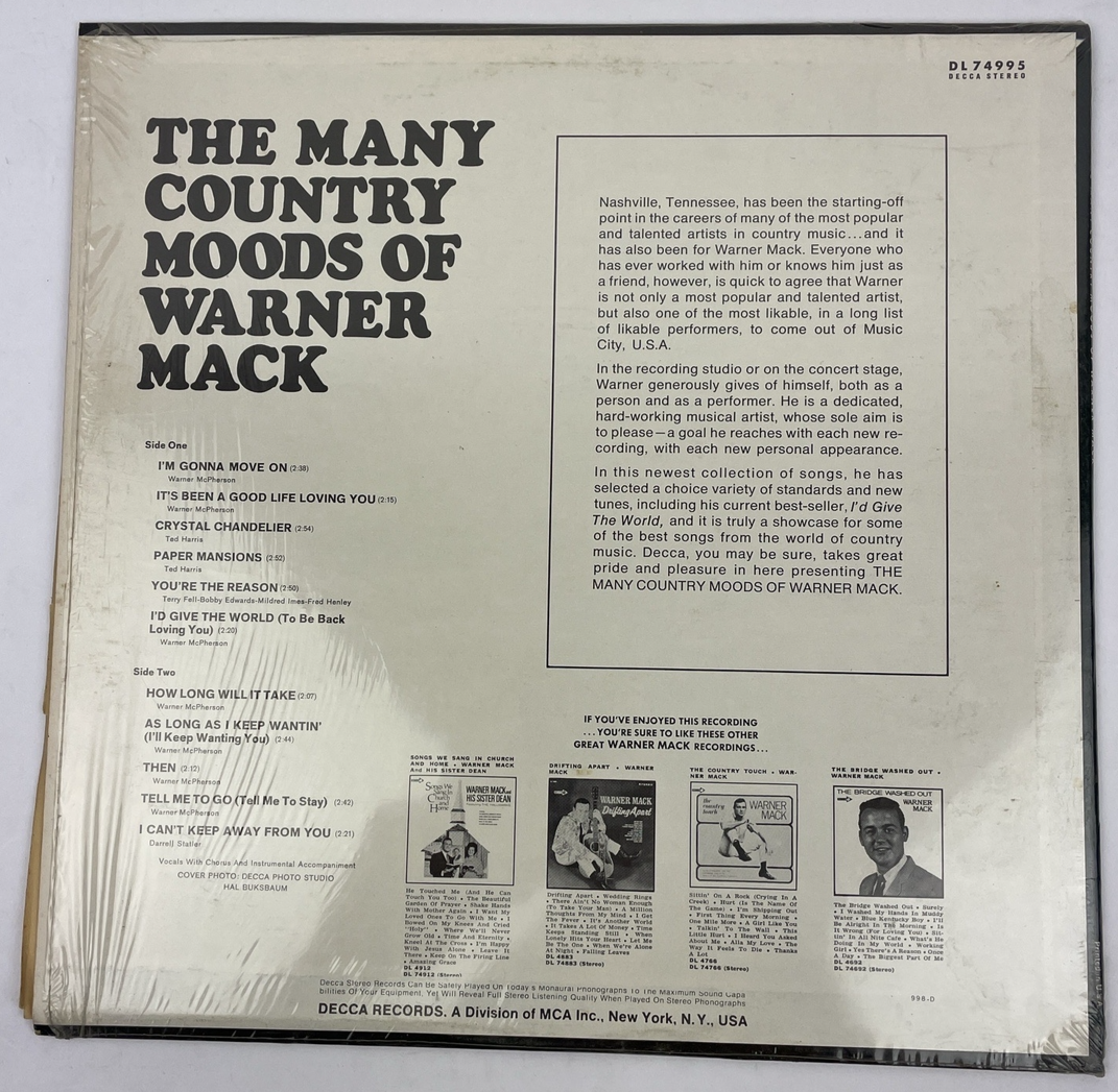 Warner Mack LP Vinyl Record The Many Country Moods of Warner Mack Decca DL75995
