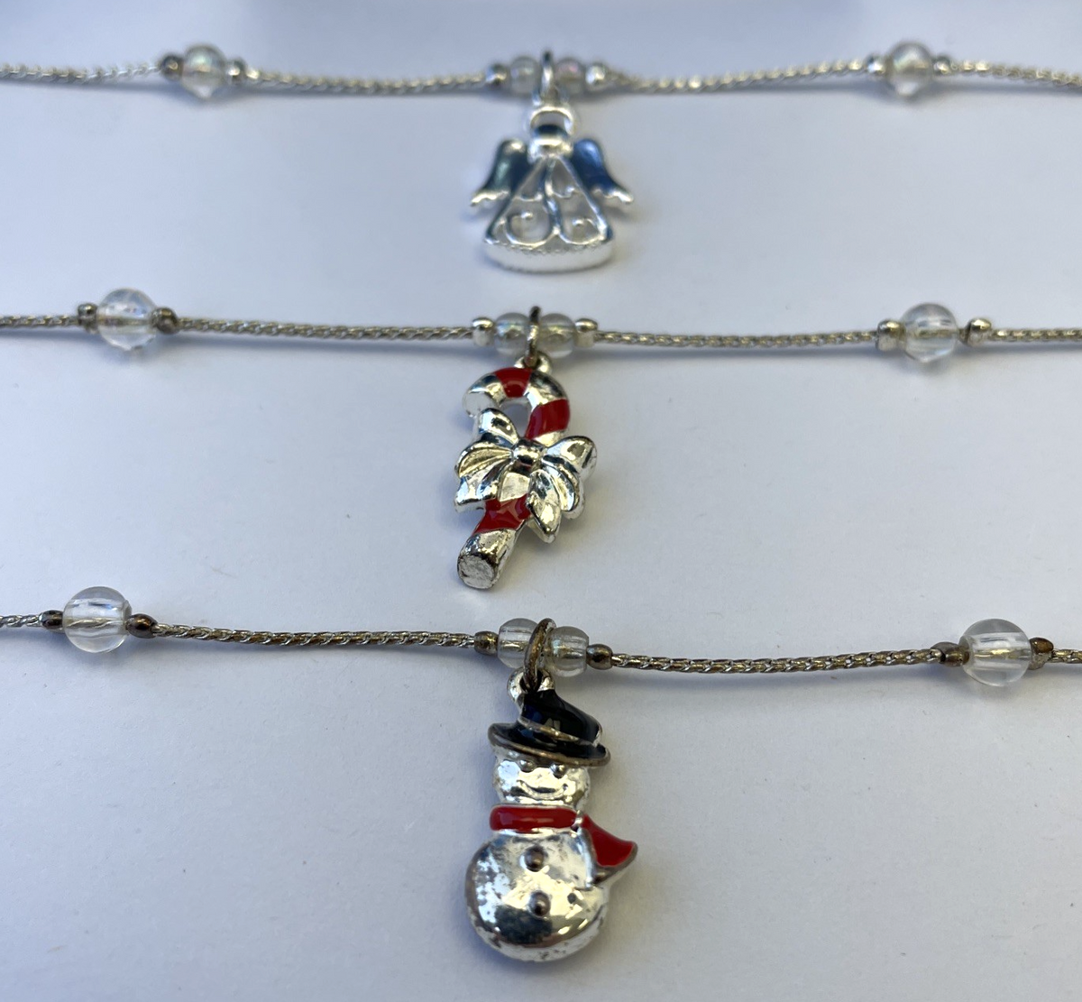 Lot of 3 x Vintage Avon Holiday Charm Anklet 9.5" Snowman / Angel / Candy Cane