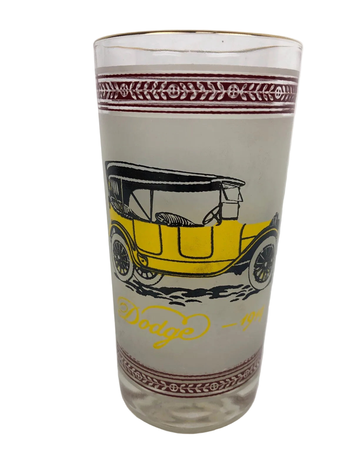 Vintage frosted cocktail glass featuring 1909 Hudson and 1914 Dodge with gold rim.