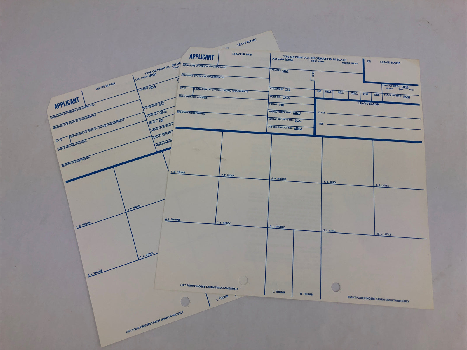 FBI FD-258 Fingerprint Card set of two for federal job applicants - FREE SHIP
