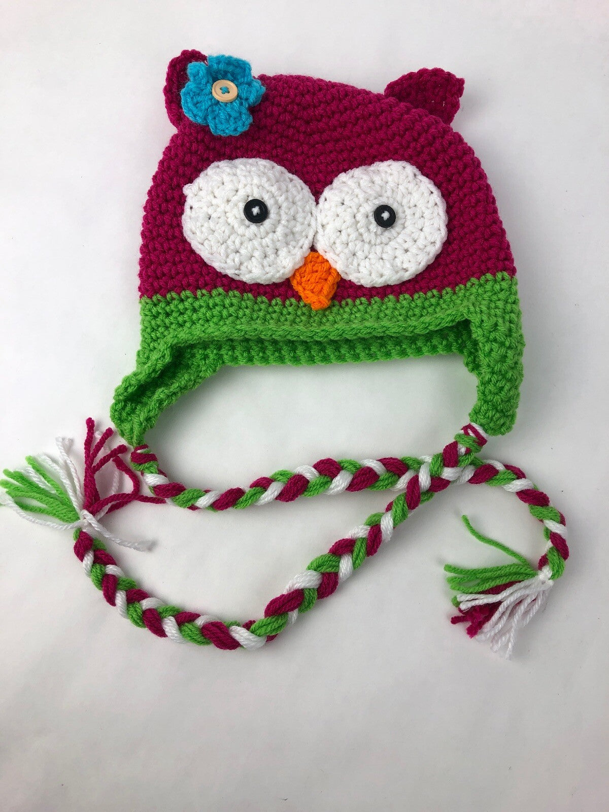 New Hand Knit Pink Green OWL FACE & Ears Winter HAT Cap Child Kids W Tie Straps