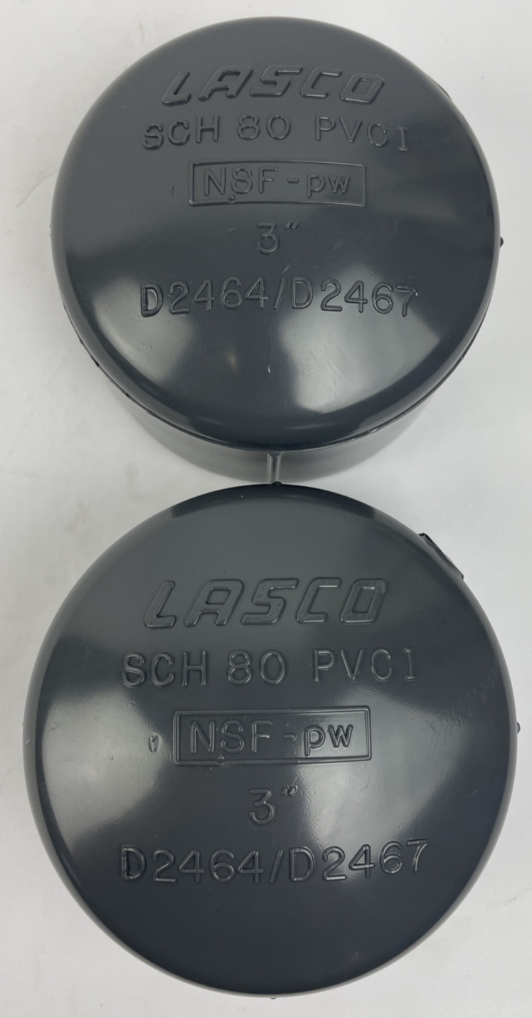 Lot of 2 x Lasco/Spears 3” PVC Threaded Cap Schedule 80 PVCI D2464 / D2467 NSFpw