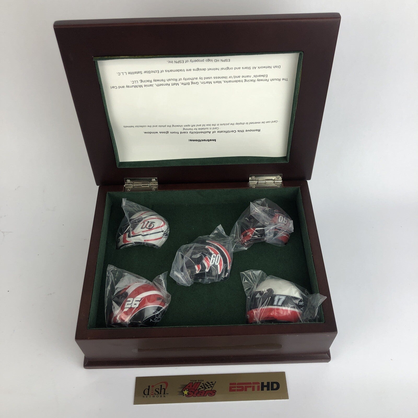 5 x ESPN Team Dish Allstars Nascar Mini Helmets with Real Wood Presentation Box