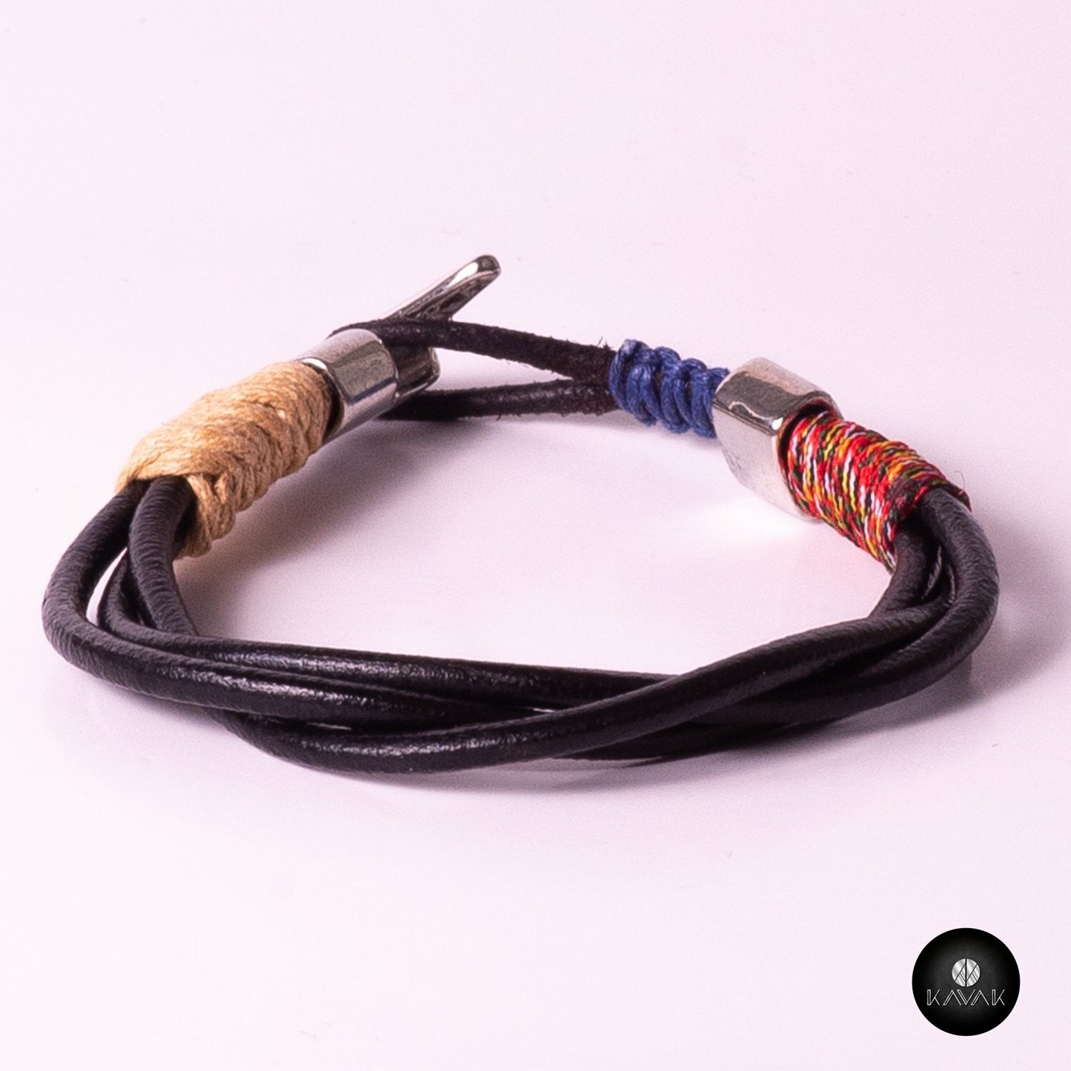 Kavak handmade braided blue white leather cords adjustable men's bracelet