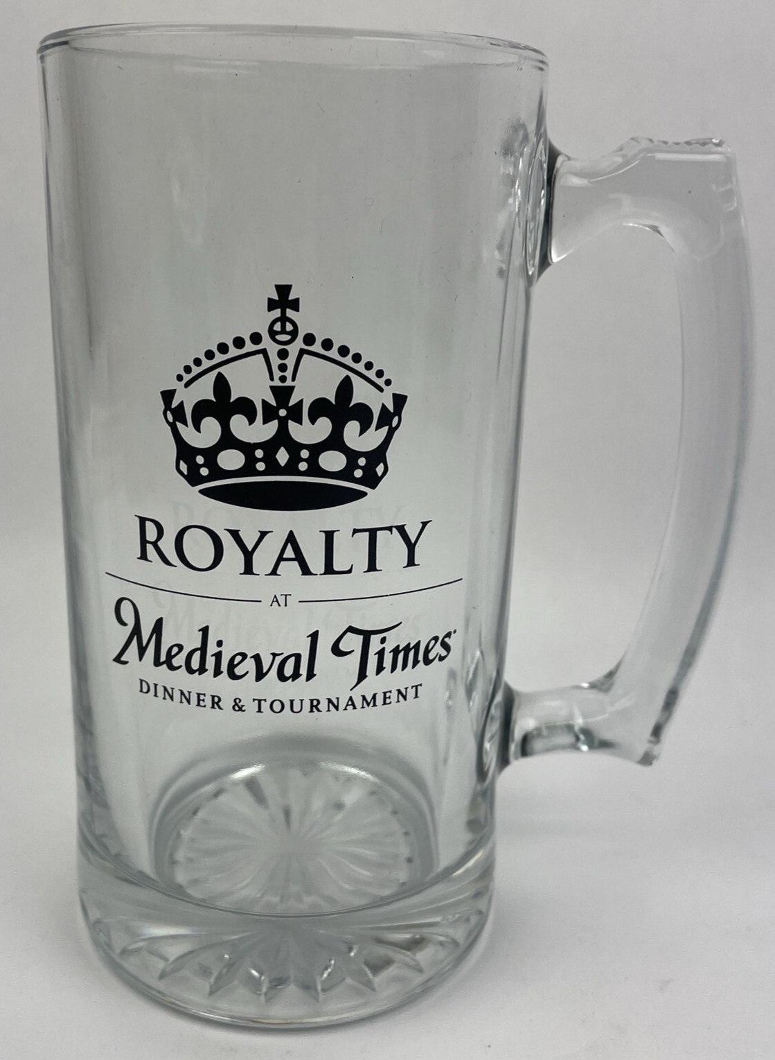 Medieval Times Dinner & Tournament ROYALTY 24oz Clear Glass Beer Stein Mug VGC