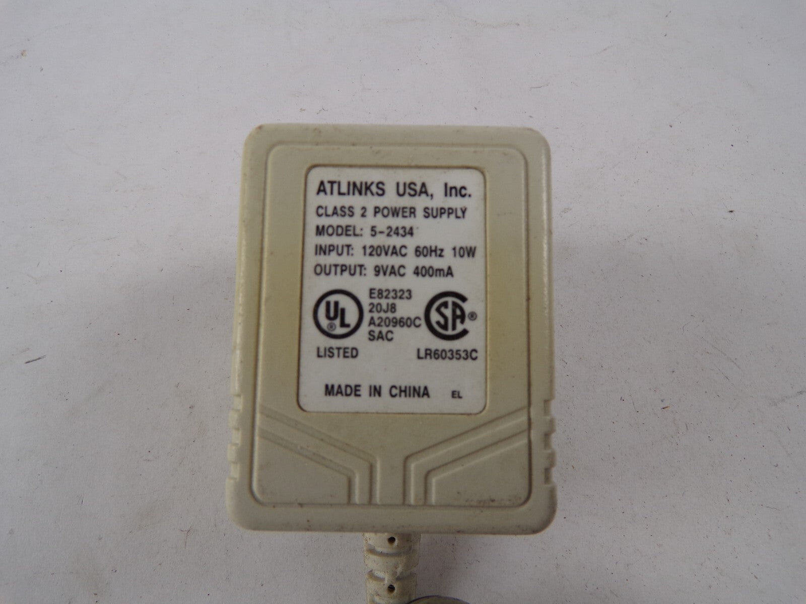 Geniue Atlinks USA 5-2434 Output 9 V 400mA Power Supply Adapter A85
