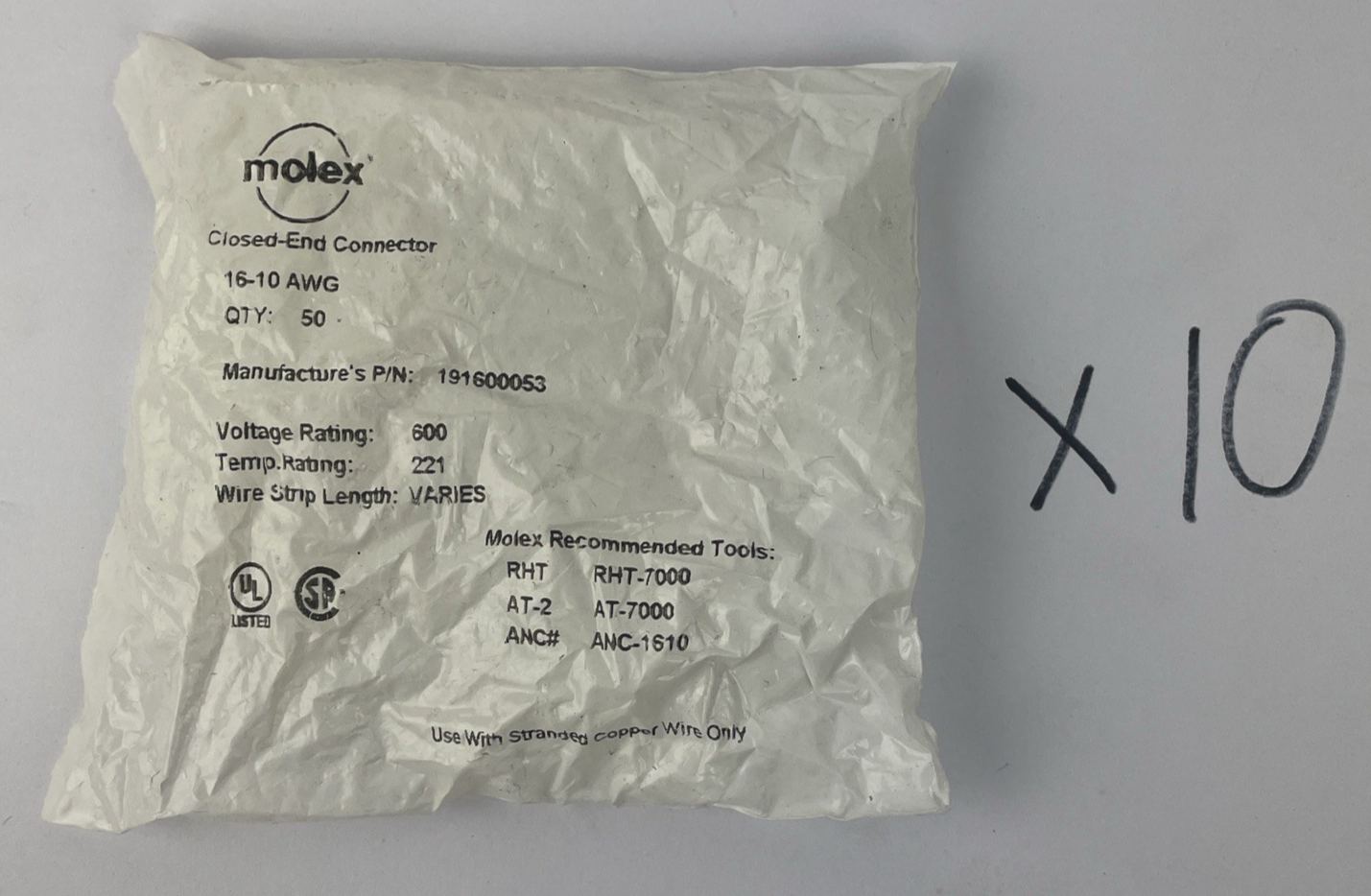 Lot of 500 x Molex 16-10 AWG Closed End Wire Crimp Connectors 191600053