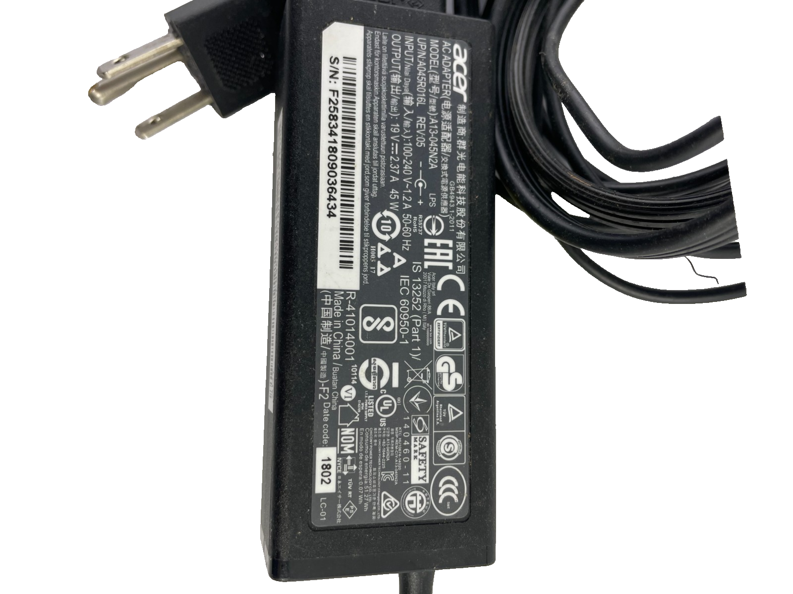 Geniune Acer A13-045N2A Output 100-240V 1.2A AC Power Supply AC Adapter #A85