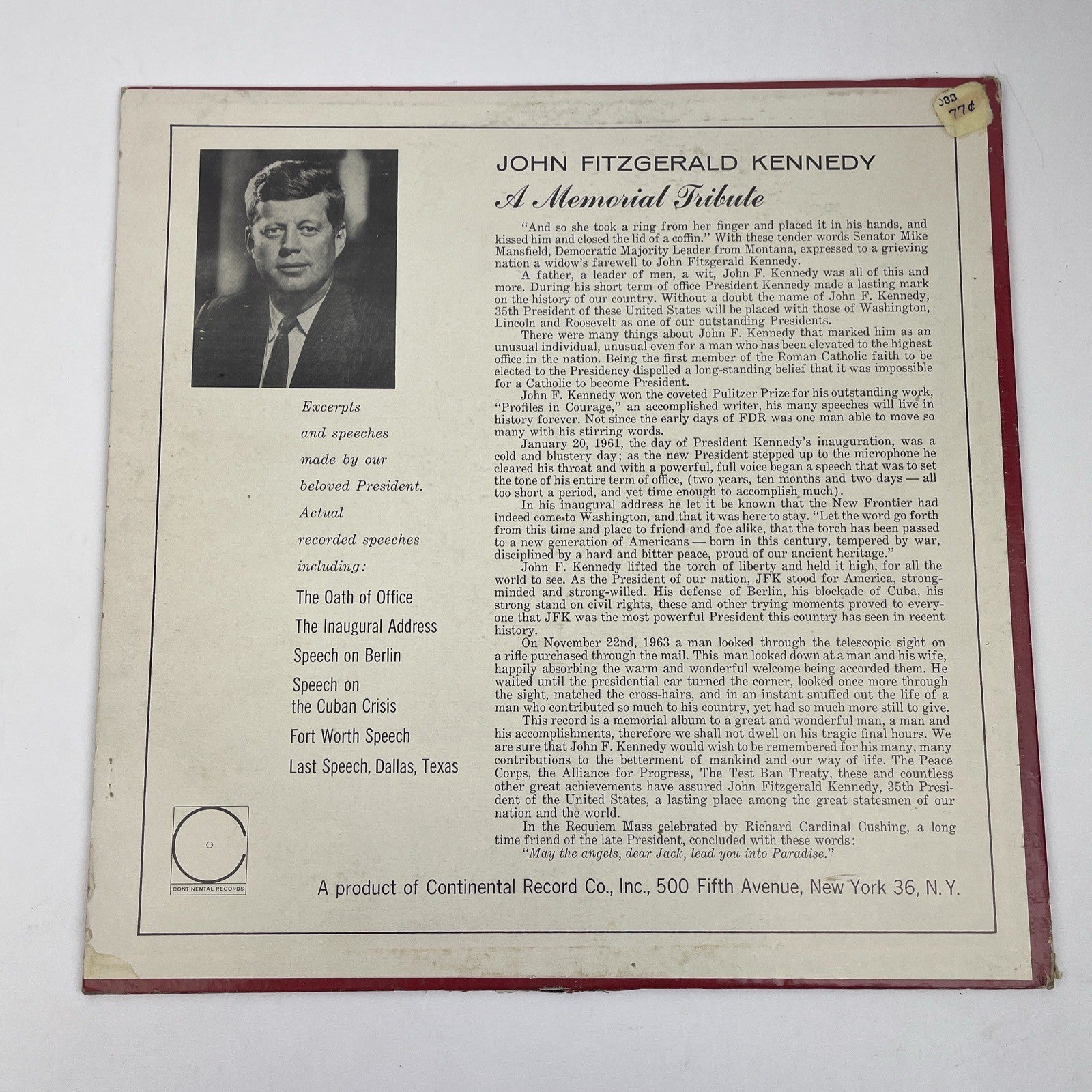 JFK John F. Kennedy Inaugural Address Jan. 20, 1961 on 12" LP Record 33 1/3 rpm
