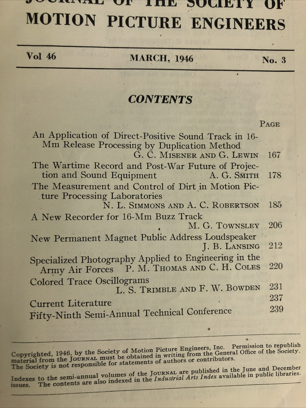 SMPE Journal Of The Society Of Motion Picture Engineers March 1946 VOL 46 No 3
