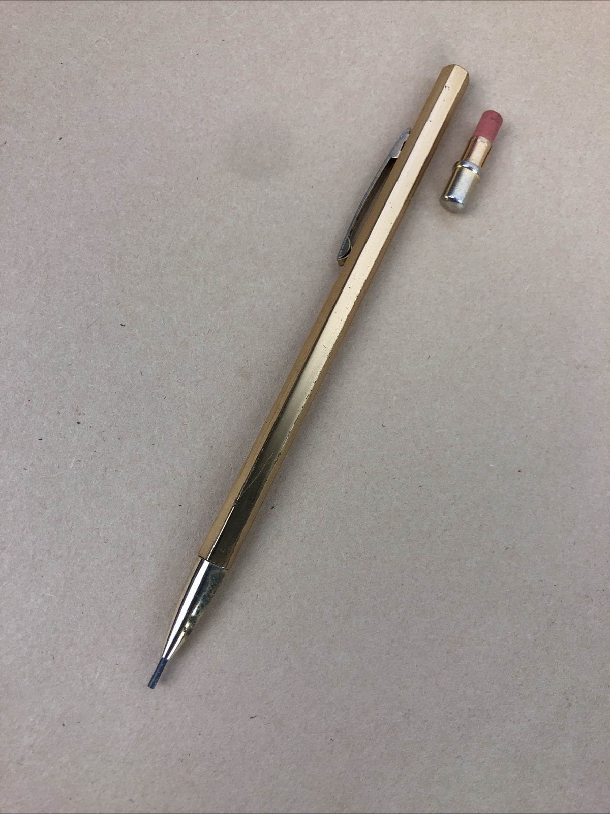 Vintage Stratford USA Ribbed Gold Tone Machinists Mechanical Pencil w Lead LOOK