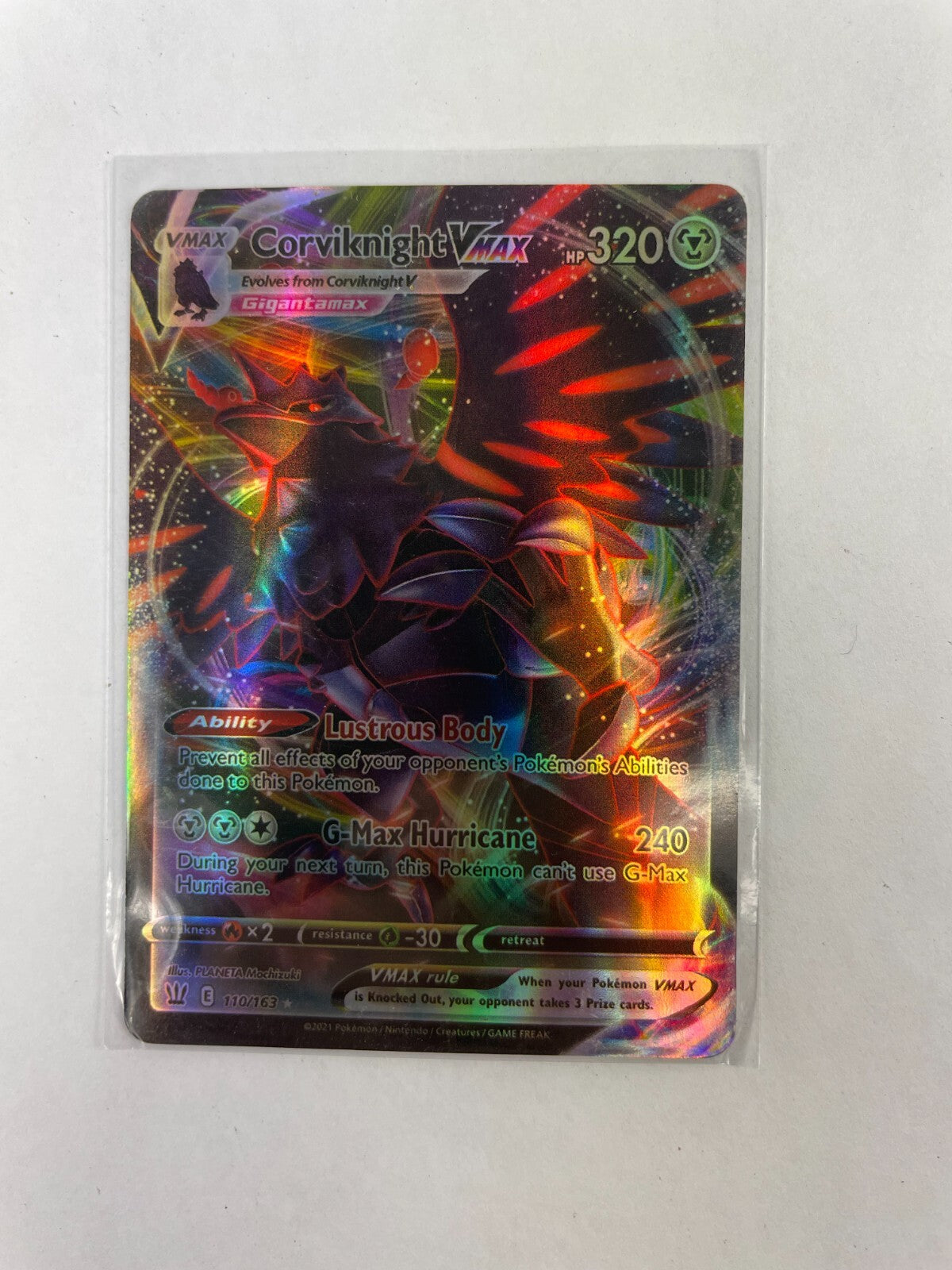 Pokemon Corviknight Vmax HP 320 Lustrous Body G-Max Hurricane 240 110/163