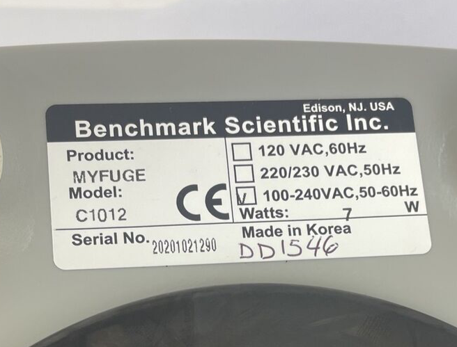 Benchmark Scientific Inc., Model - C1012 Myfuge 5 MYFUGE5 Mini Centrifuge - VGC