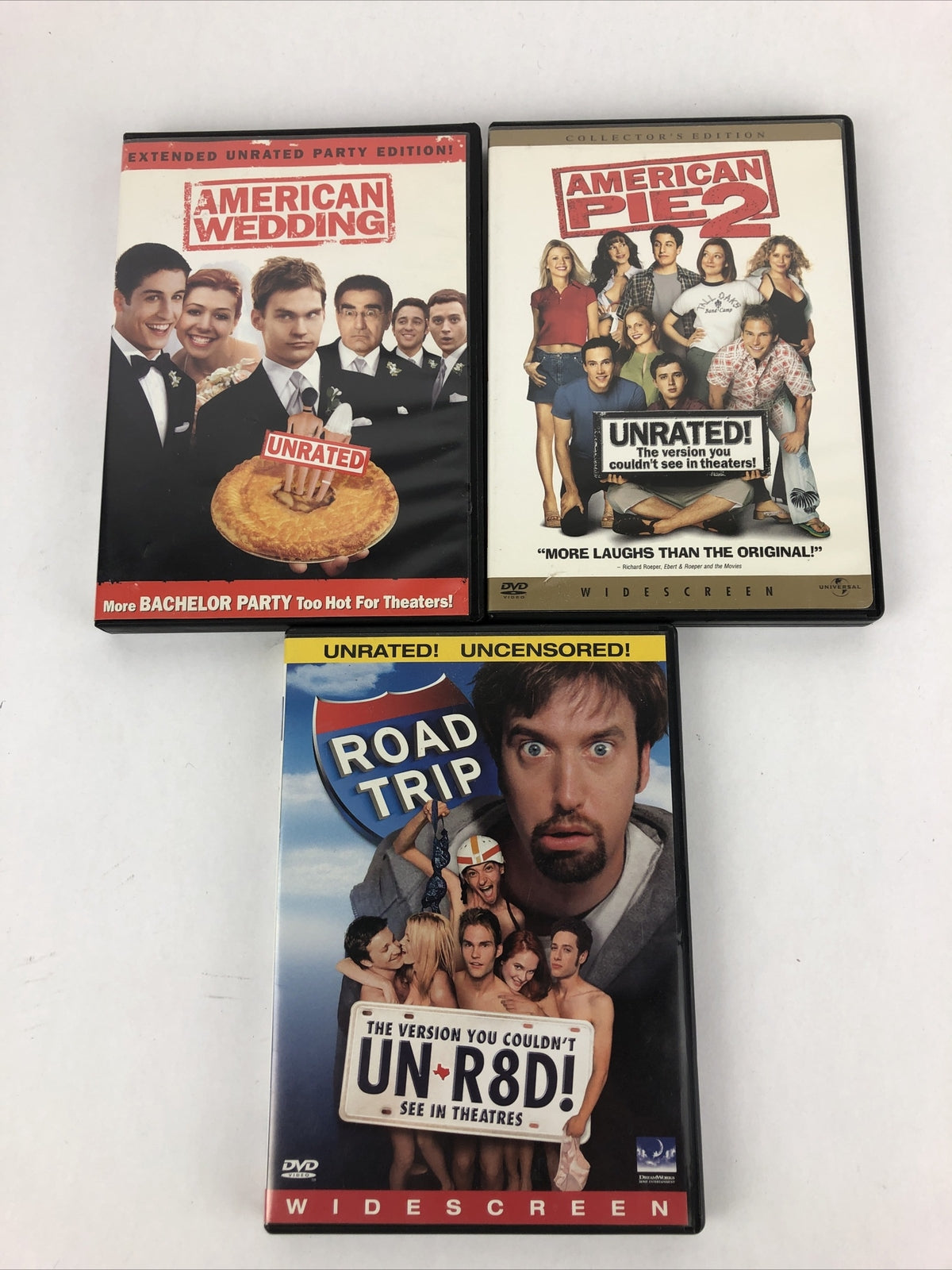 Road Trip , American Pie 2 , American Wedding (DVD, Unrated Version) 3 X DVD Lot