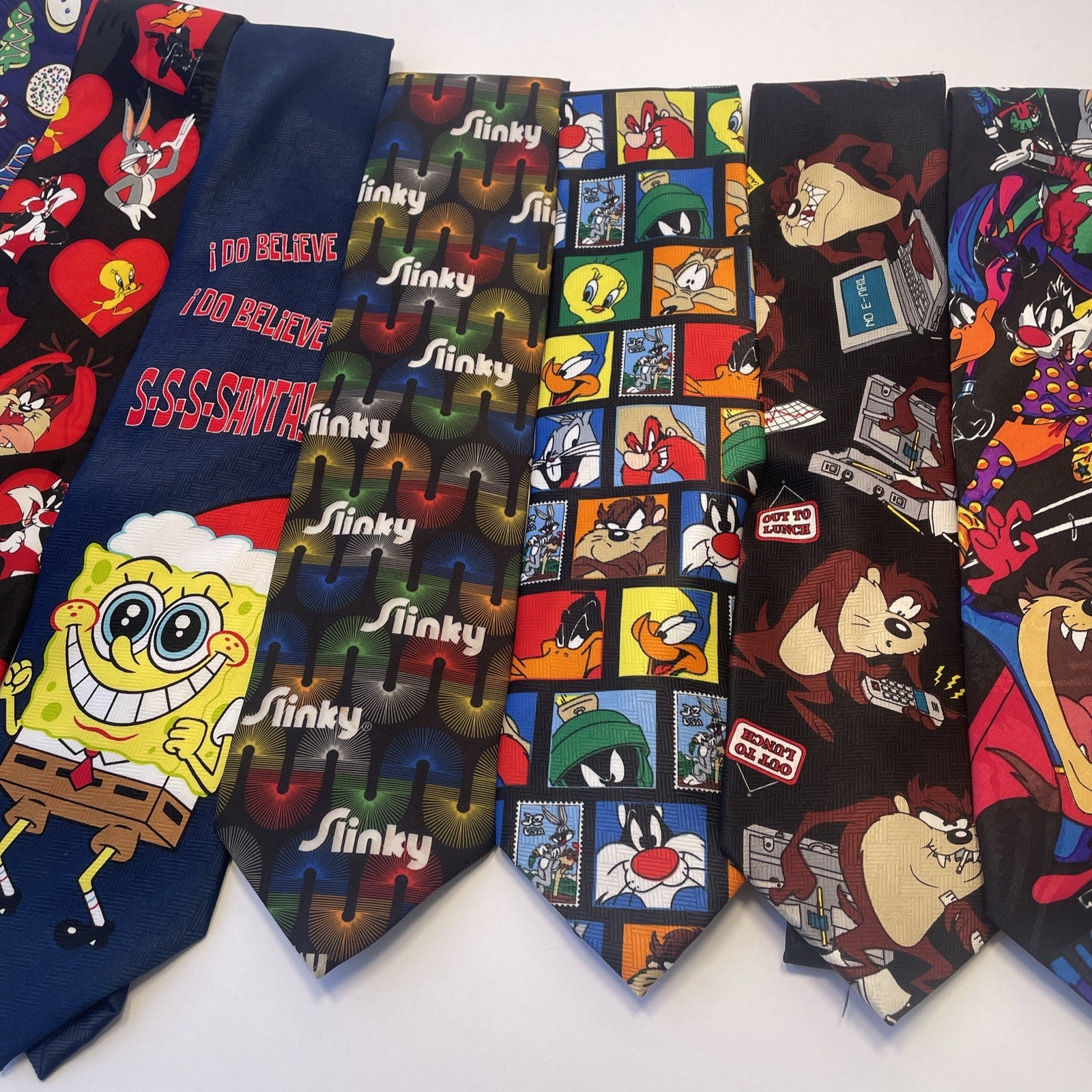 Looney Tunes, Disney, Sponge BOB, SLINKY Mens Neck Tie Bugs Bunny Taz LOT OF 9