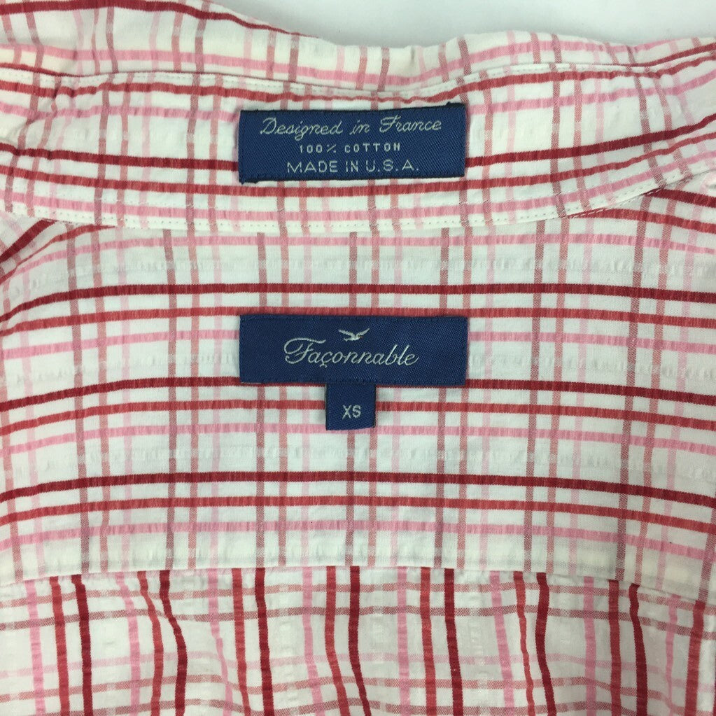Faconnable Mens Button Front Shirt Pink White Plaid Long Sleeves 100% Cotton XS