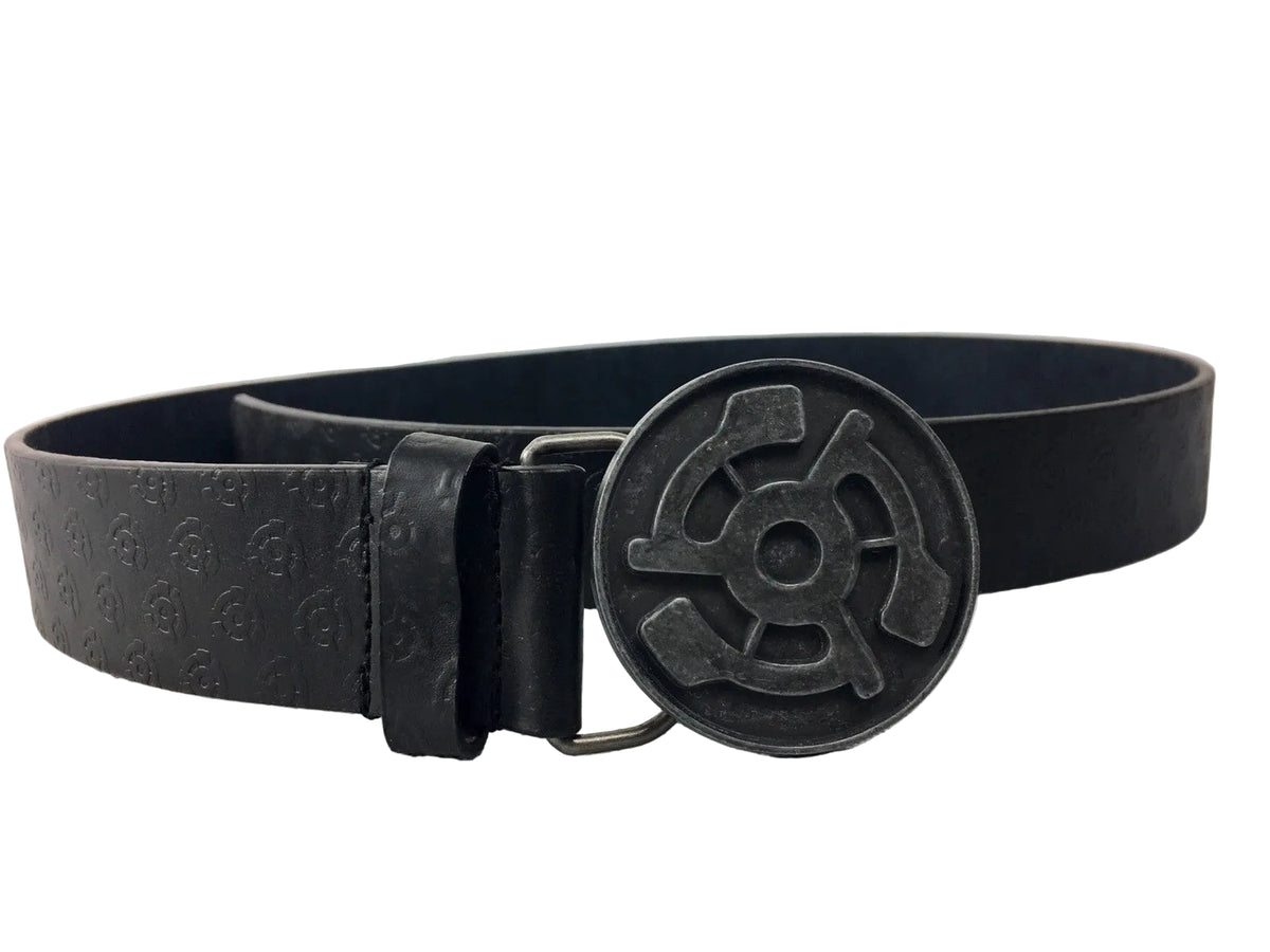 Stereo Skateboards Vintage Audio Record Logo 45 black leather belt in size 30 with iconic record logo buckle.