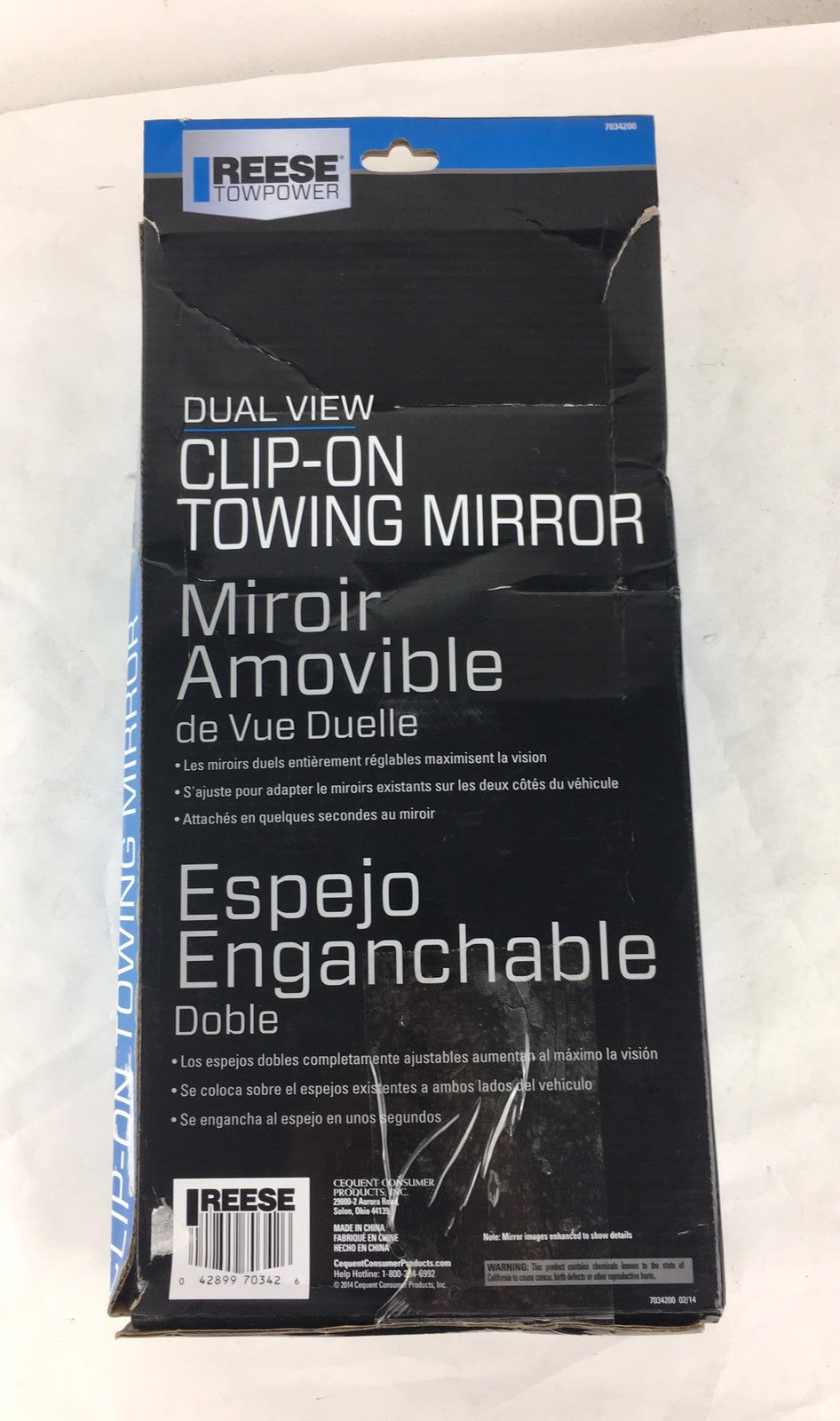 Reese 7034200 dual view clip-on towing mirror with adjustable flat and convex mirrors for trailer towing visibility.
