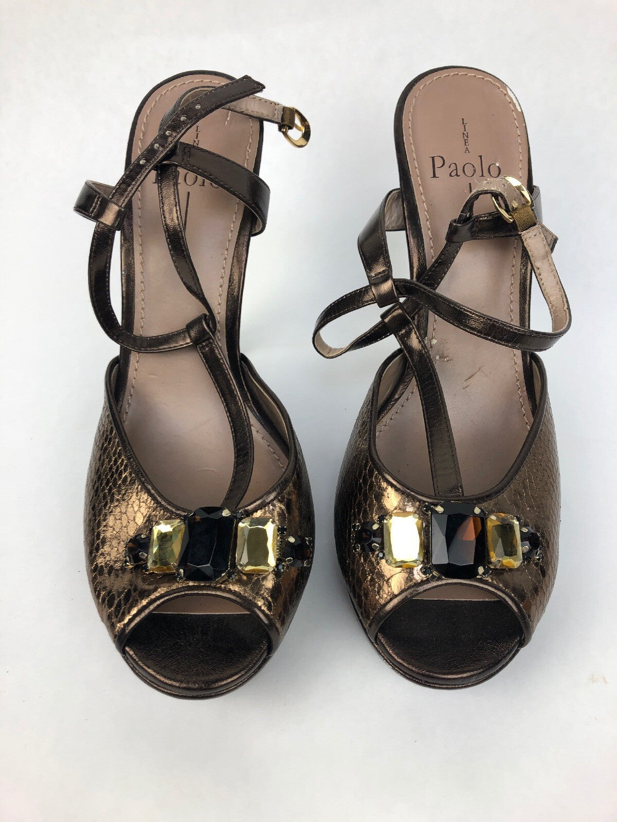 Rare LINEA PAOLO Open Toe Faux Snakeskin Patent High Heel Pumps Women's 10m