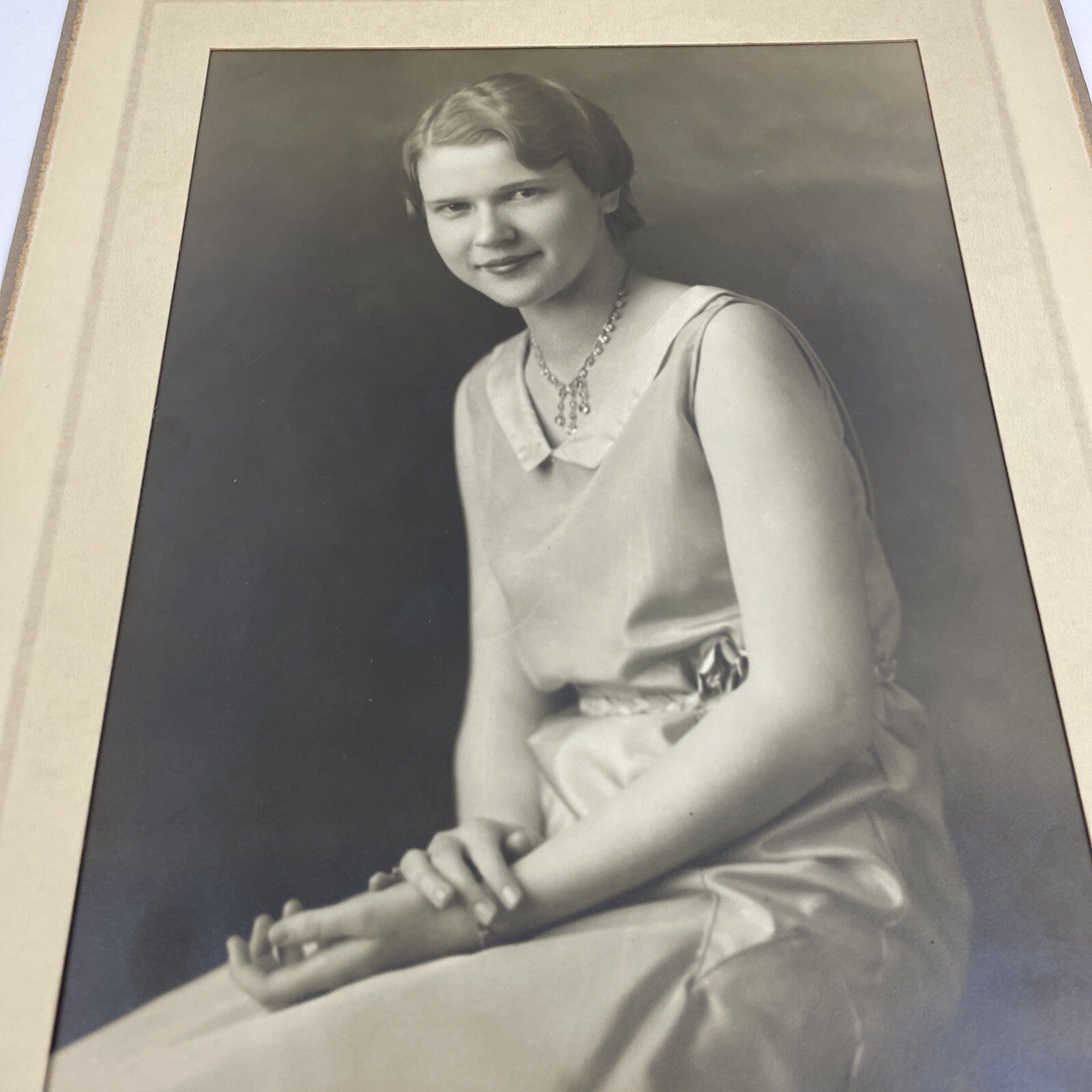 Antique Photo Pretty Young Girl Posing 1920s Period Clothing in Frame Card 7x9