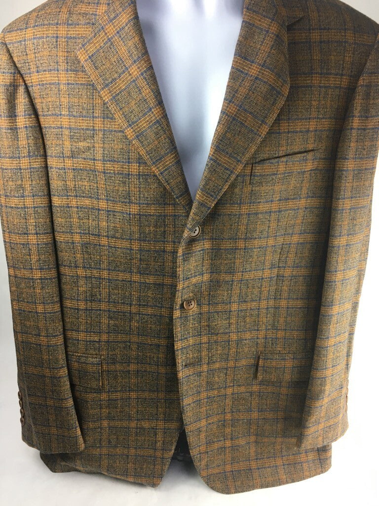 Faconnable Mens Suit Jacket Brown Plaid Lined Notch Lapel Pockets Virgin Wool 54