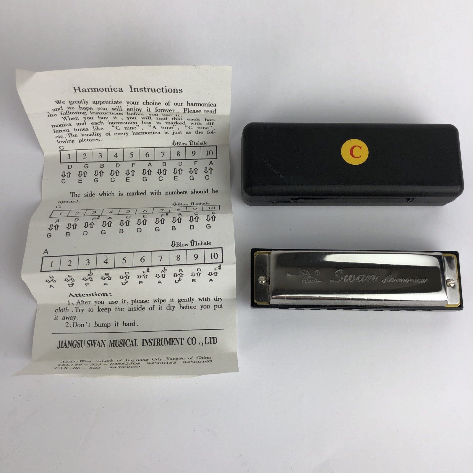Swan Blues Power 10 Hole C Key Harmonica With Case + Instructions VGC Condition