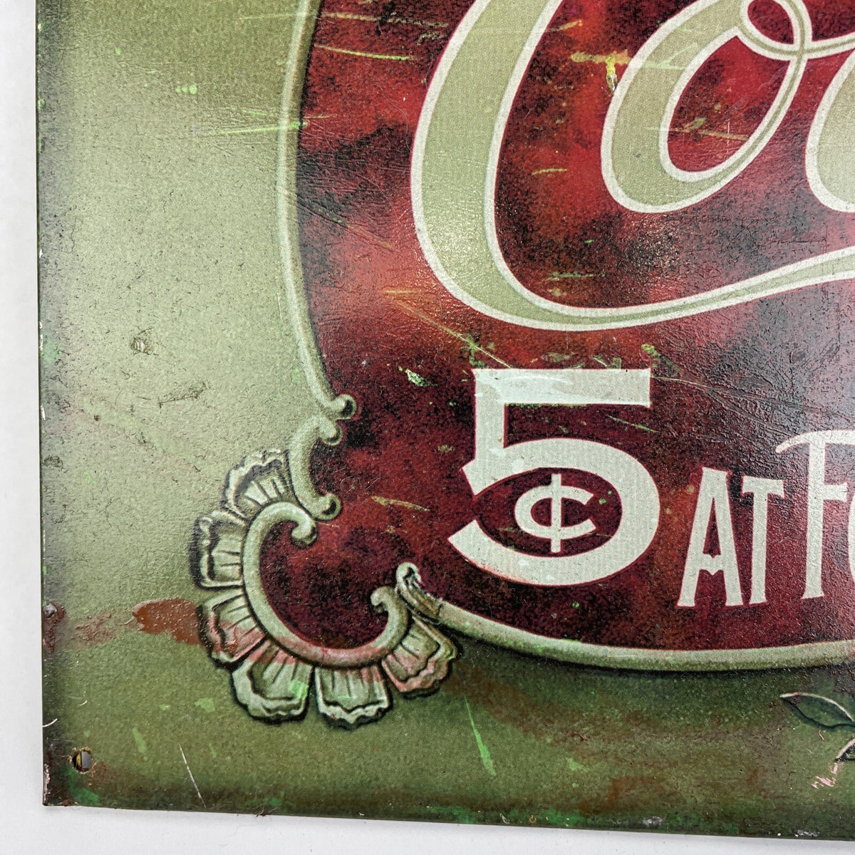 1999 Coca-Cola Metal Sign 16" x 8.75" Delicious Refreshing 5¢ Fountains Bottles