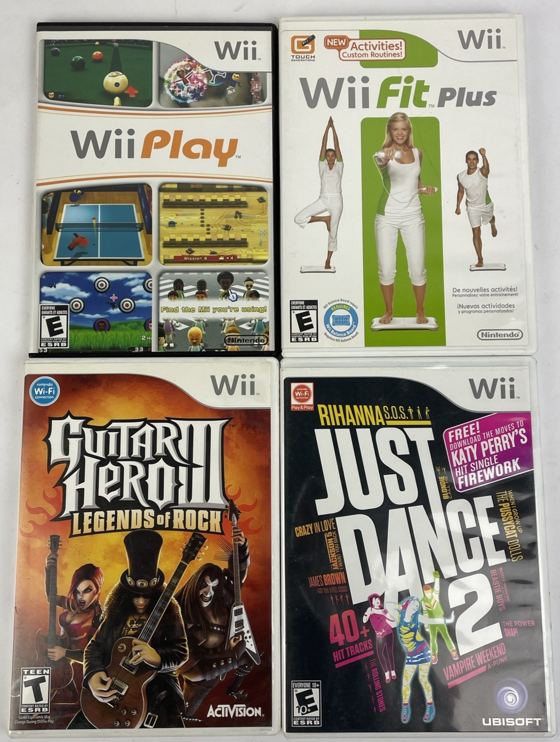 Lot Of 4 Wii Games - Wii Play, Fit Plus, Just Dance 2, Guitar Hero III Legends