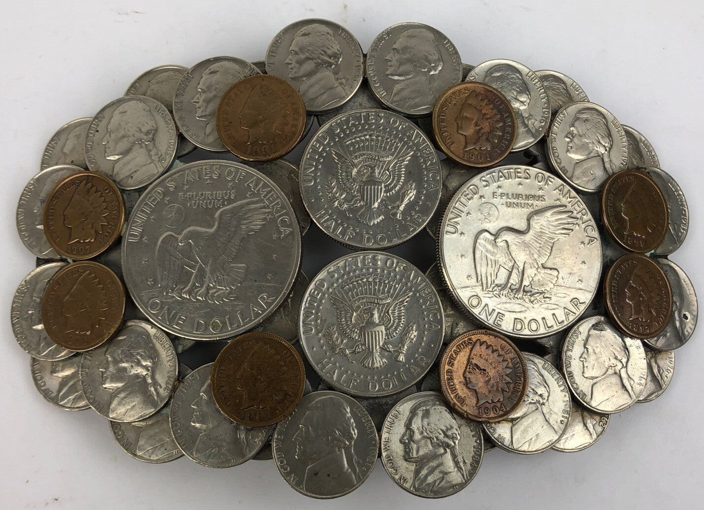 Vintage Coins Cluster Belt Buckle 1897-1907 Penny Silver Dollar Half Dollar Folk