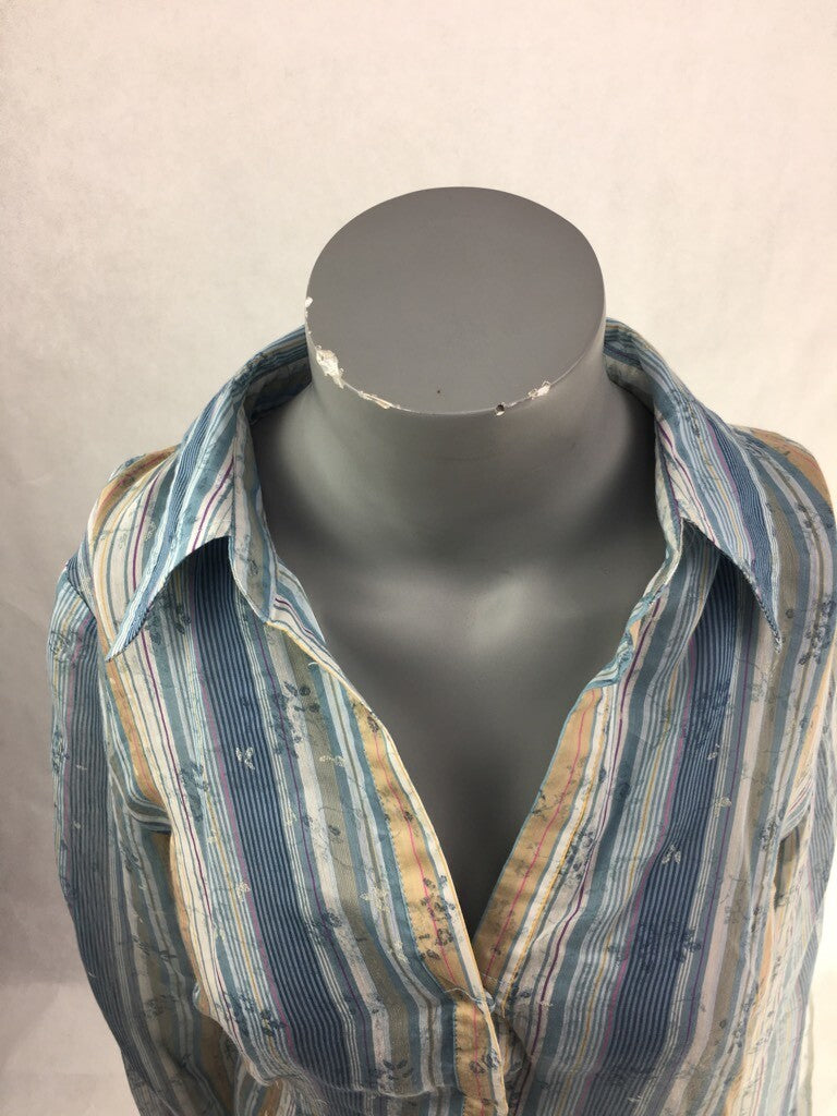 Kenneth Cole Womens Popover Shirt Blue Floral Striped Long Sleeve Smocked Back 4