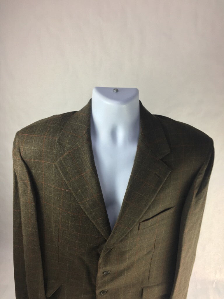 Faconnable Mens Suit Jacket Brown Windowpane Notch Lapel Wool Blend 54 US 44