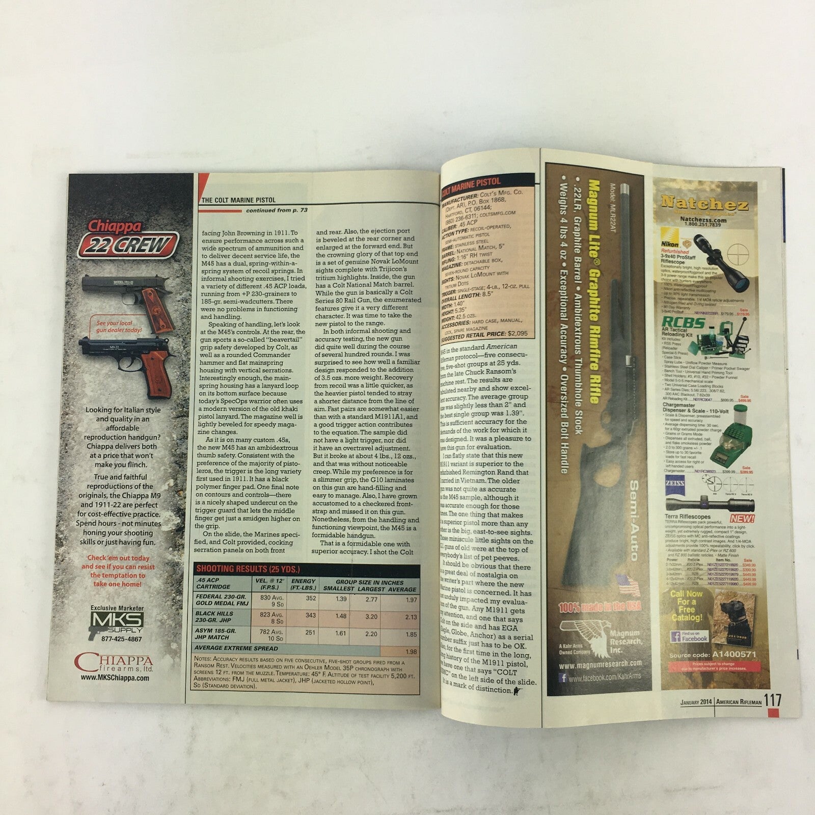 January 2014 American Rifleman Magazine Remington Colt's Marine M45 CQB Pistol