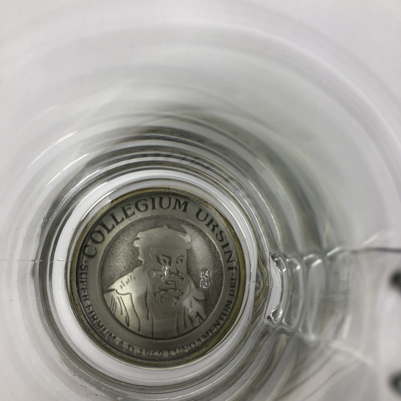 Vintage Collegium Ursini glass and pewter beer stein mug with AD 1869 inscription.