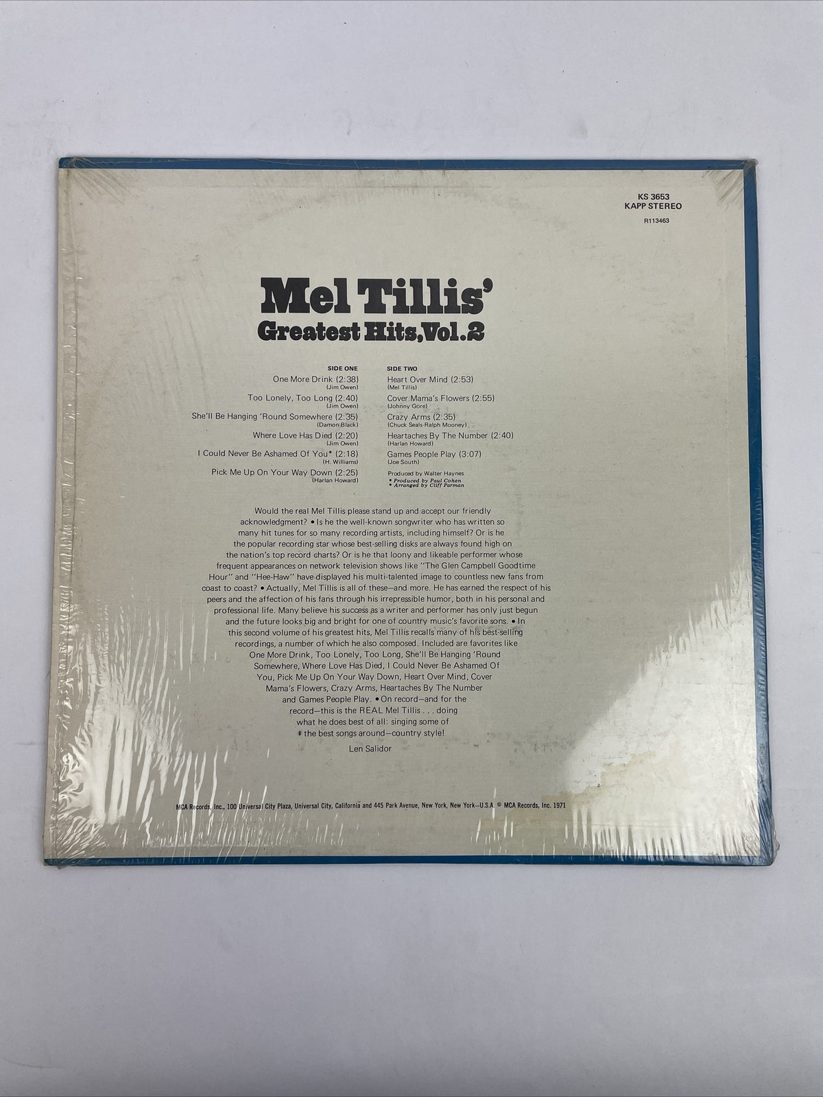 Mell Tillis LP Vinyl Record "Greatest Hits Vol. 2" 1973 MCA 10 kapp Records