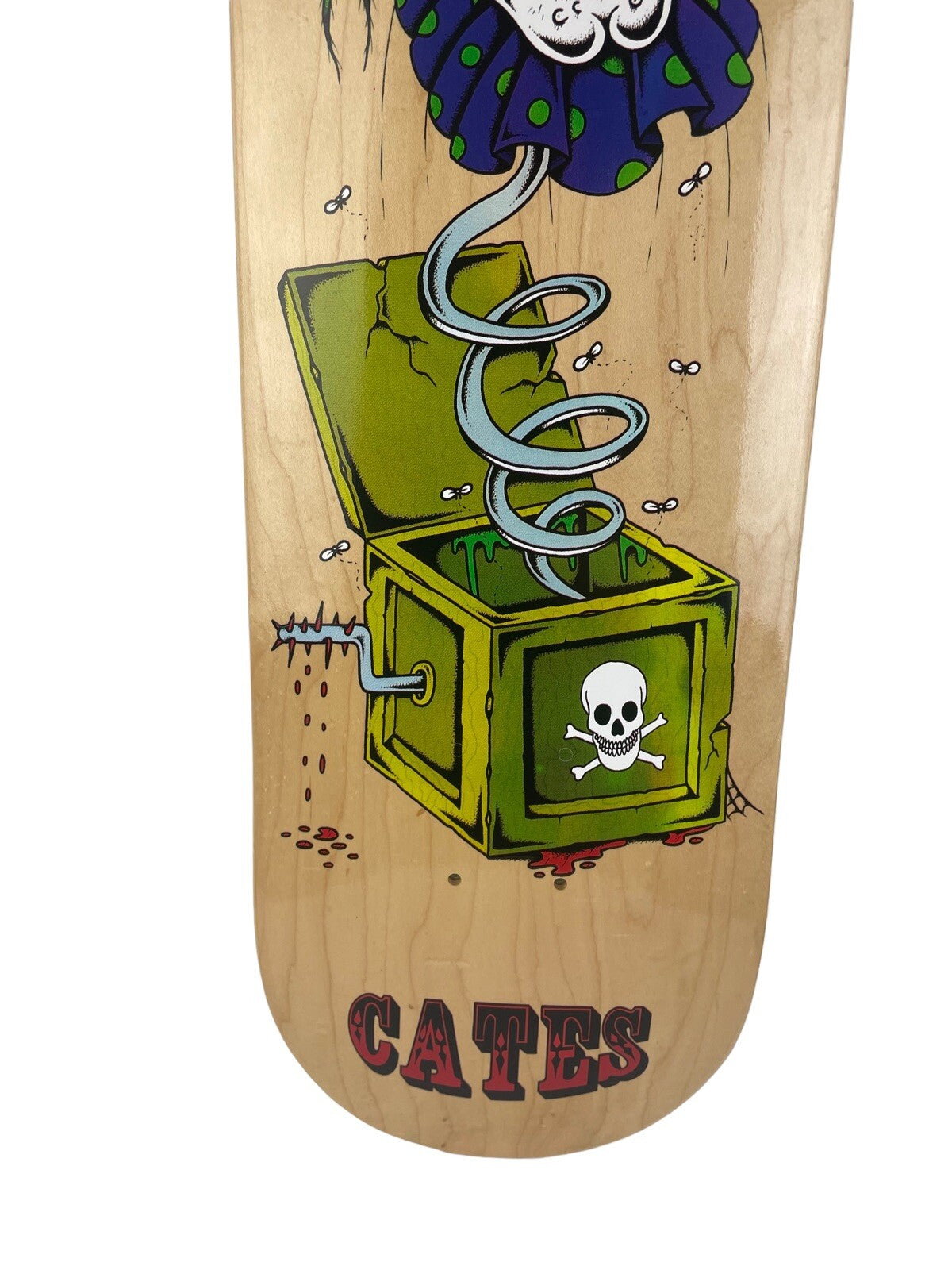 Death Skateboards Dan Cates Jack in the Box Clown Pro 8.5-inch skateboard deck with free grip tape.