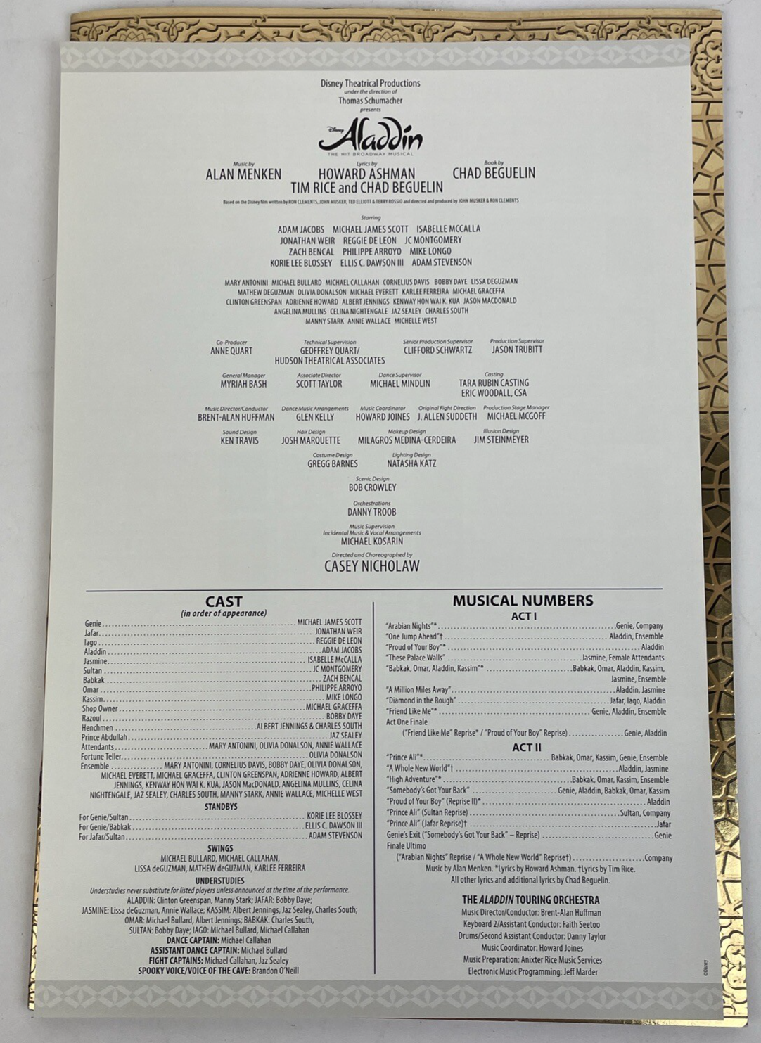 Walt Disney Aladdin A Whole New World Musical Program Book And Cast List Sheet