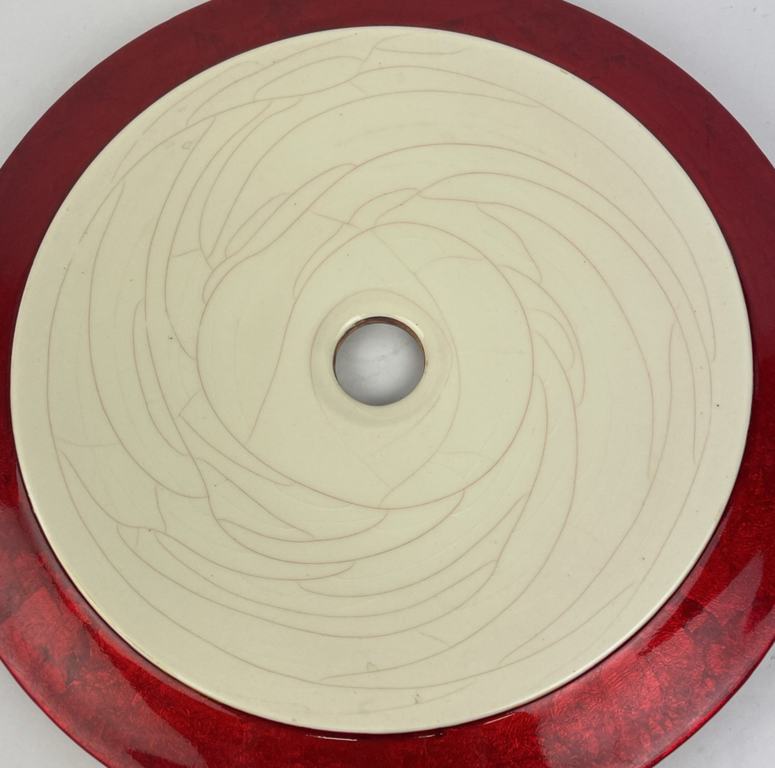 Round Designer Glass Vessel Sink Creme w Metal Red Modern Decor Design OD 15.25"