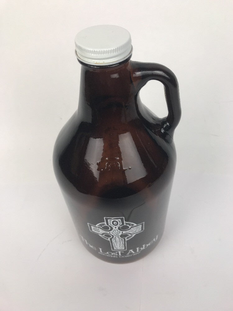 The Lost Abbey Brewing San Marcos 64 oz amber glass beer growler with cap.
